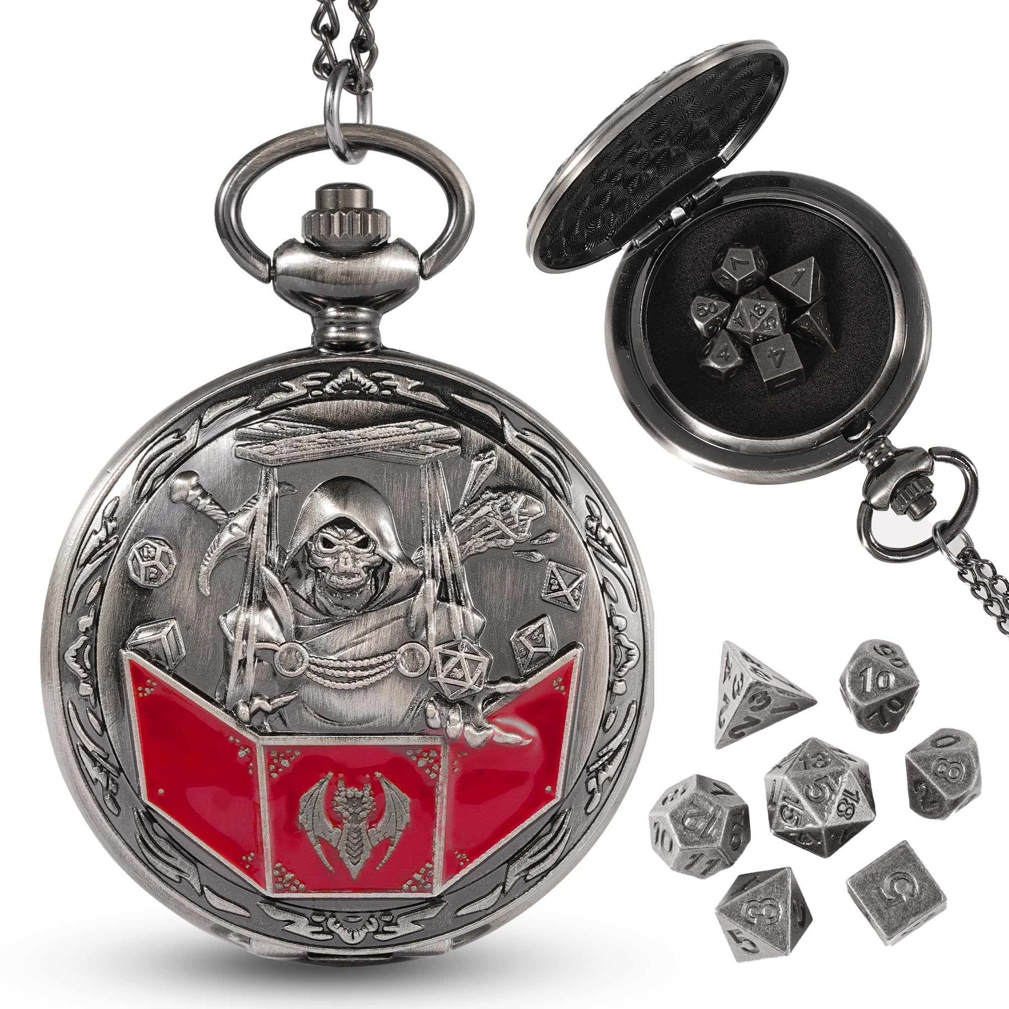 Banloga D&D dice set with dragon-pattern pocket watch case, a striking display piece for tabletop games.