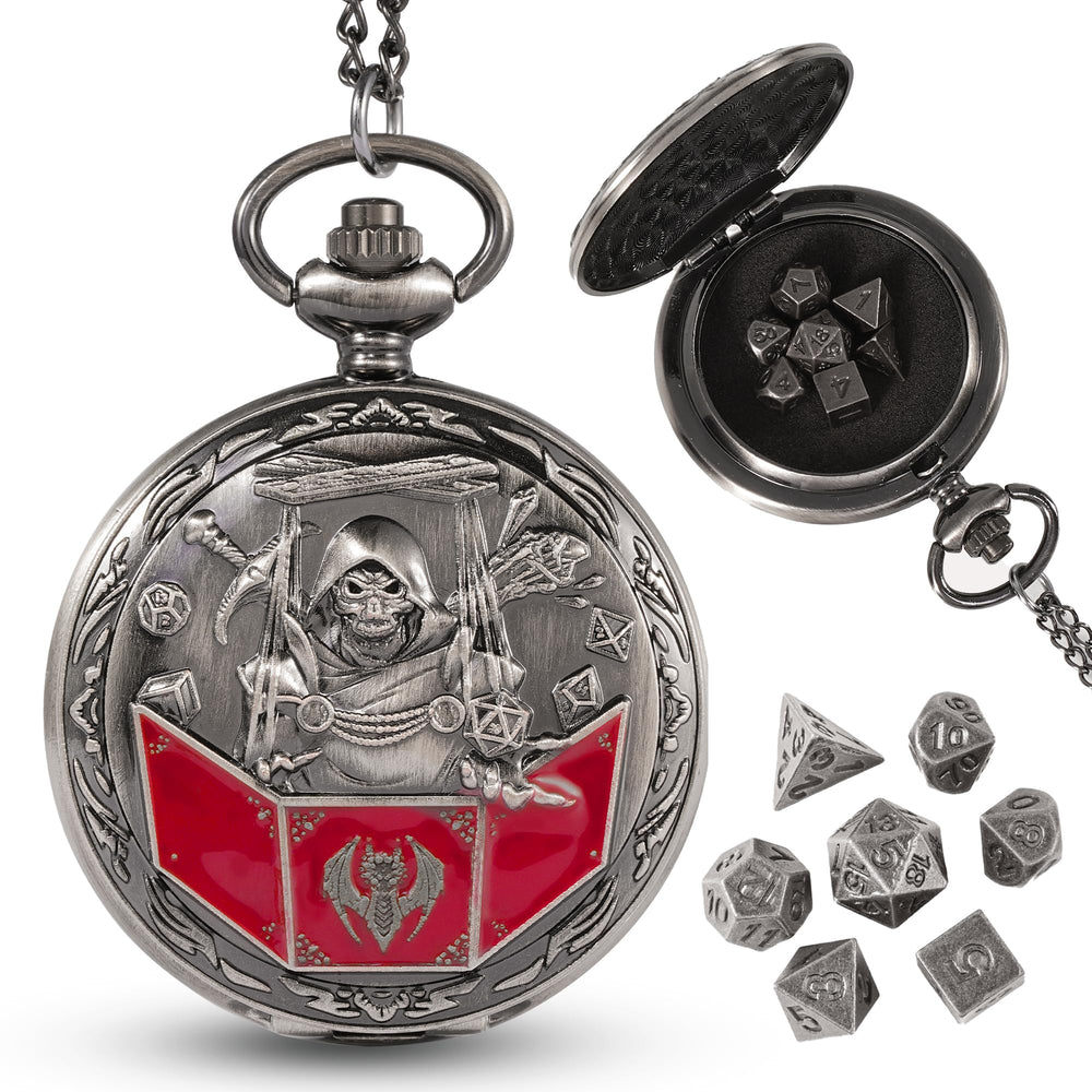 Banloga D&D dice set with dragon-pattern pocket watch case, a striking display piece for tabletop games.