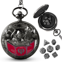 Banloga D amp D dice set with dragon-pattern pocket watch case for stylish tabletop play.