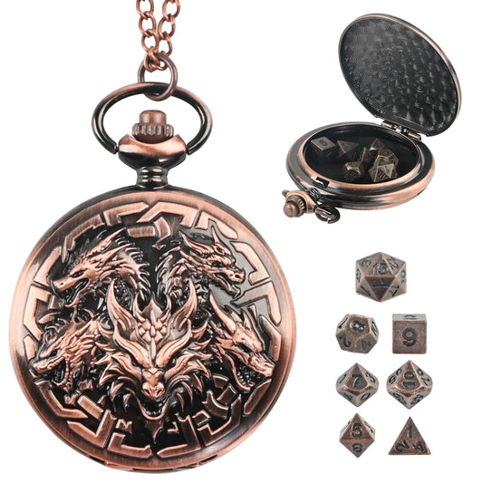 Banloga D&D dice set in dragon pocket watch case for portable gaming.