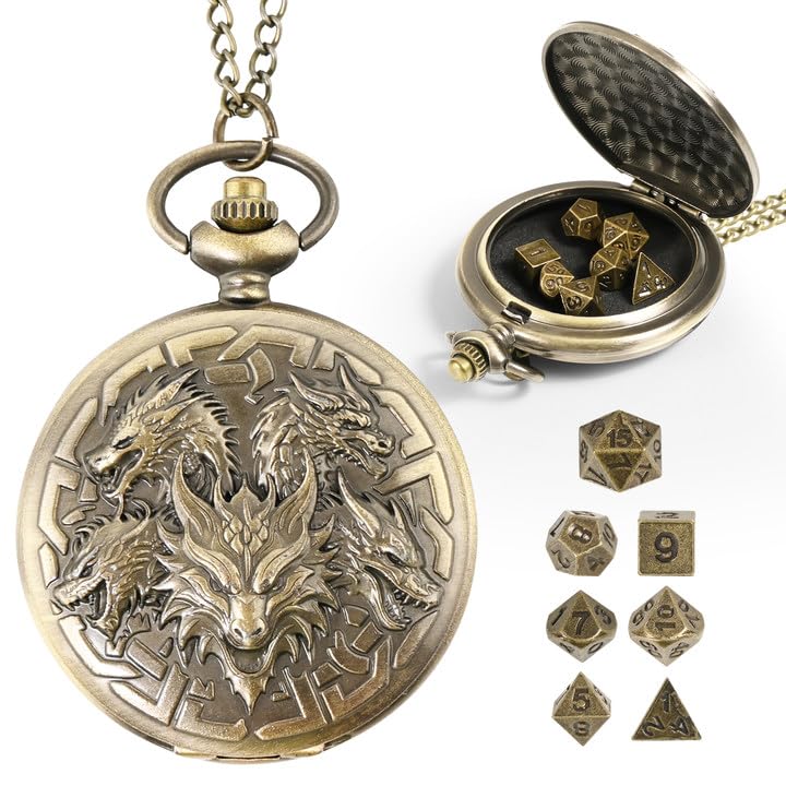 Banloga dragon-pattern pocket watch case for D&D dice.