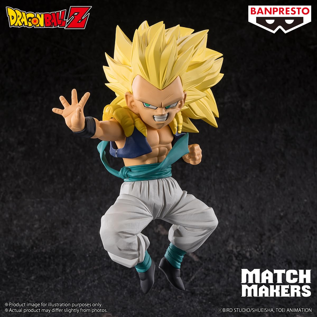 Banpresto 4-3-inch Gotenks figure fits desktop shelves and showcases detail.