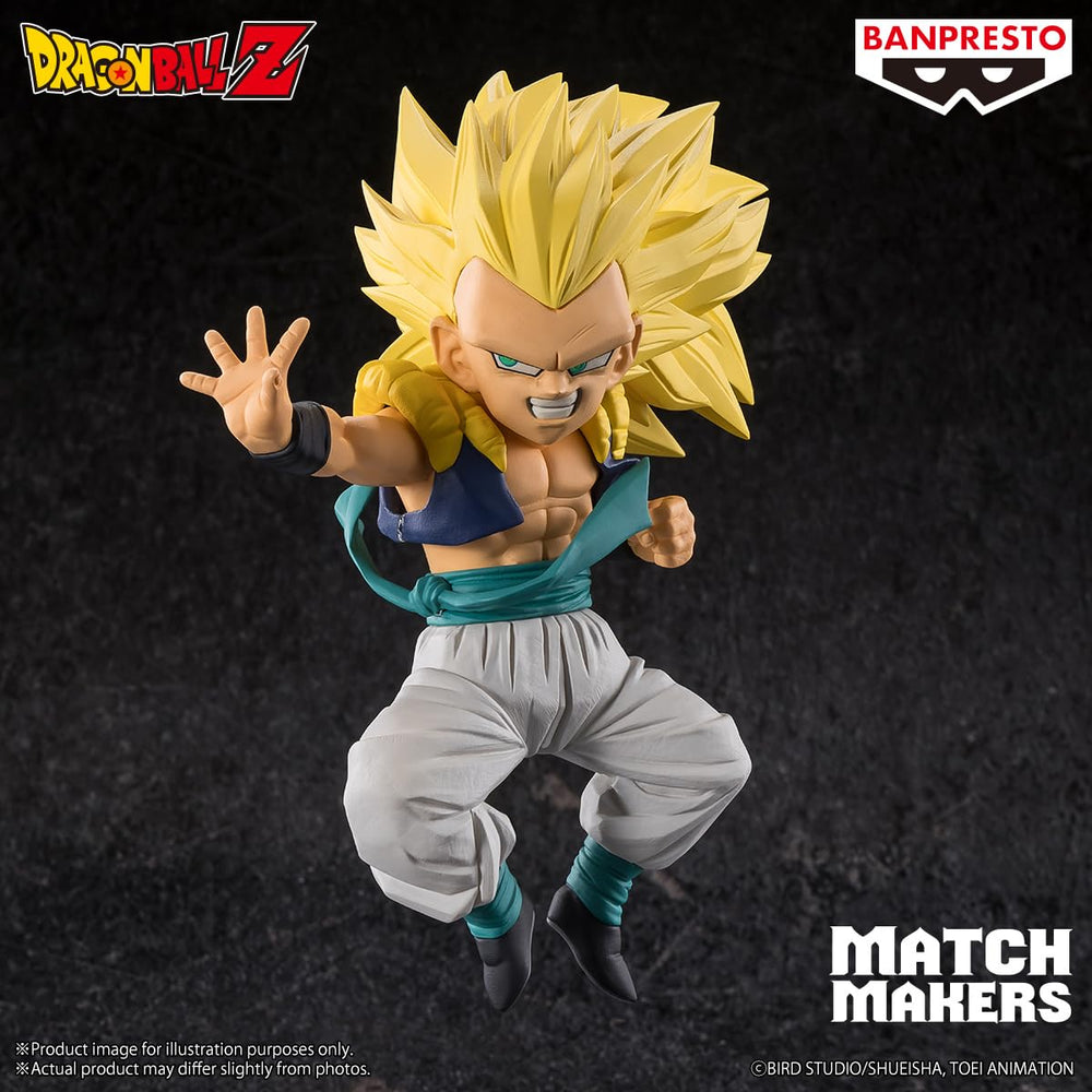 Banpresto 4-3-inch Gotenks figure fits desktop shelves and showcases detail.
