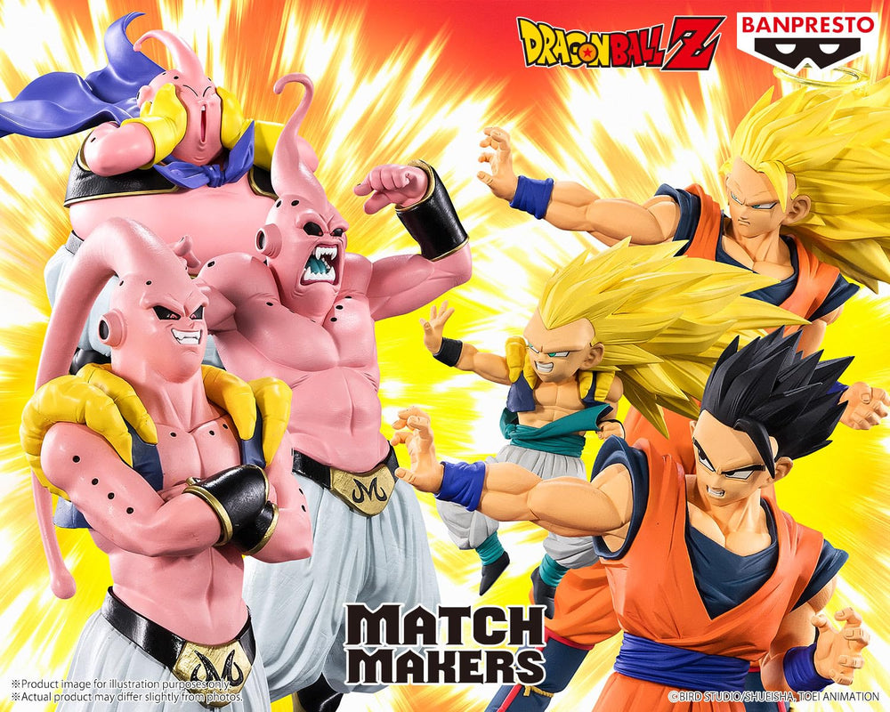 Vivid colors highlight the battle pose of Majin Buu vs Goku