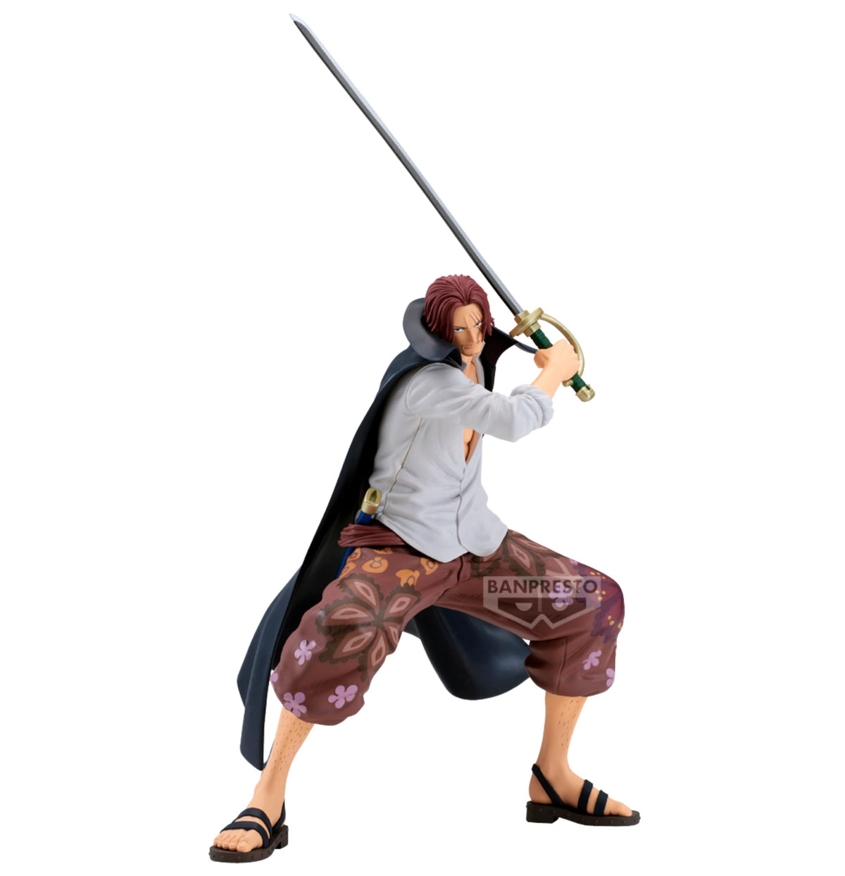 Banpresto Grandista Shanks figurine front view on shelf for display.