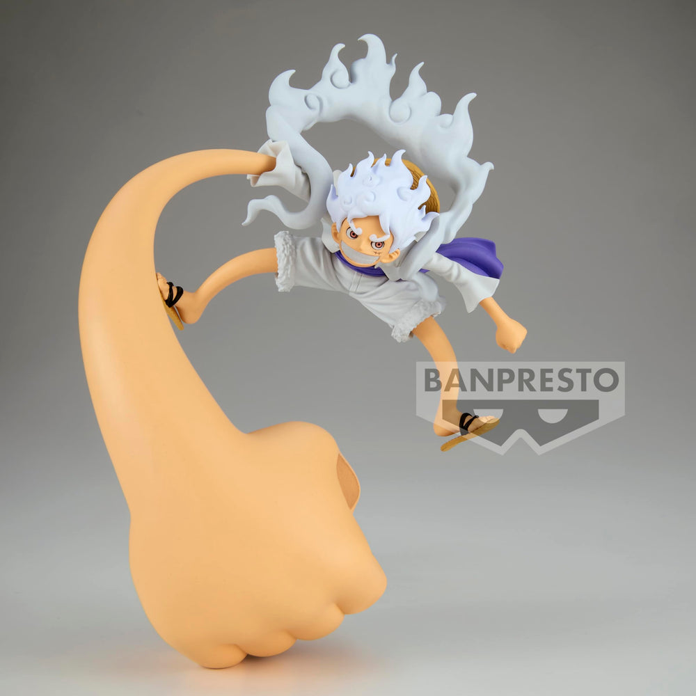 Banpresto Luffy Gear 5 figure holding a stationary accessory for dramatic tabletop display