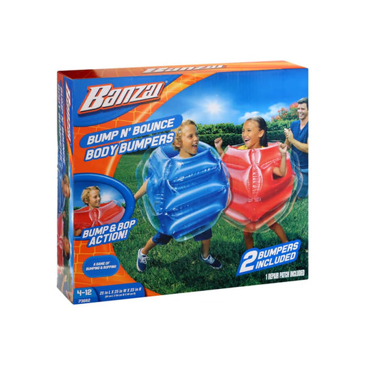 BANZAI Bump N' Bounce bumpers in red and blue for safe backyard play.