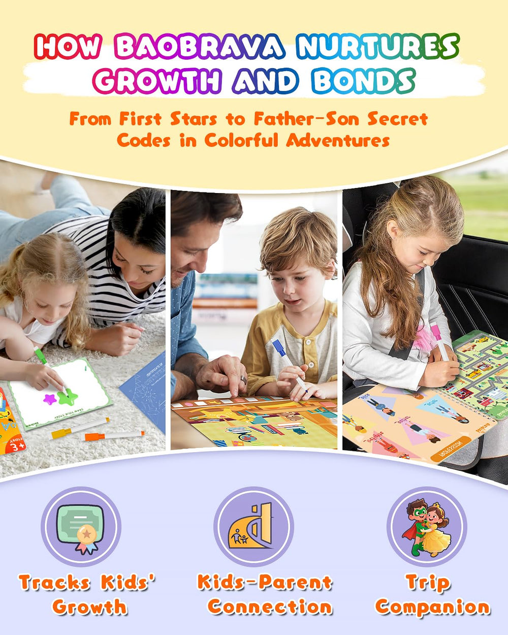 Baobrava kindergarten workbooks spread featuring diverse activities