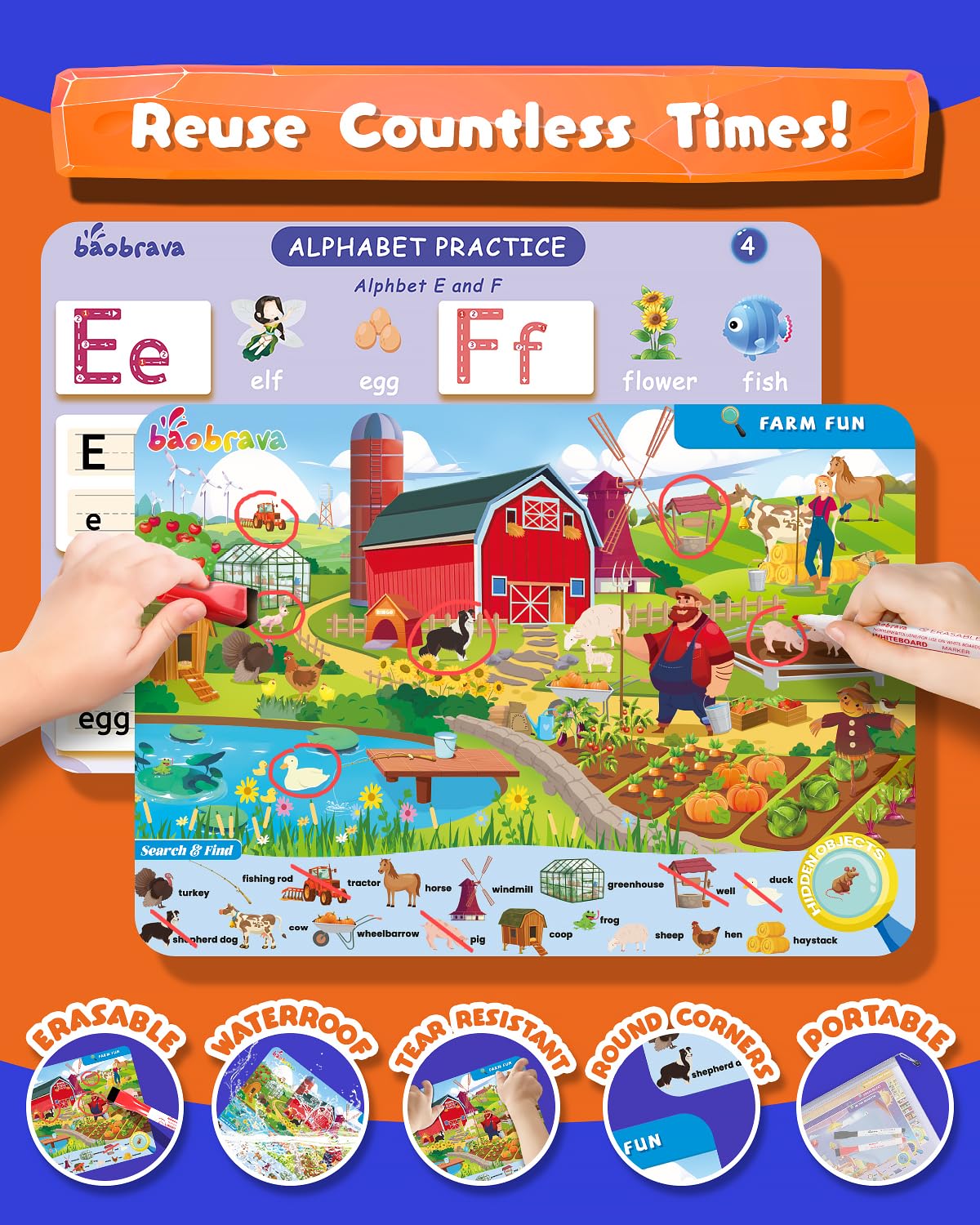 Baobrava wipeable surface for reusable learning on the go