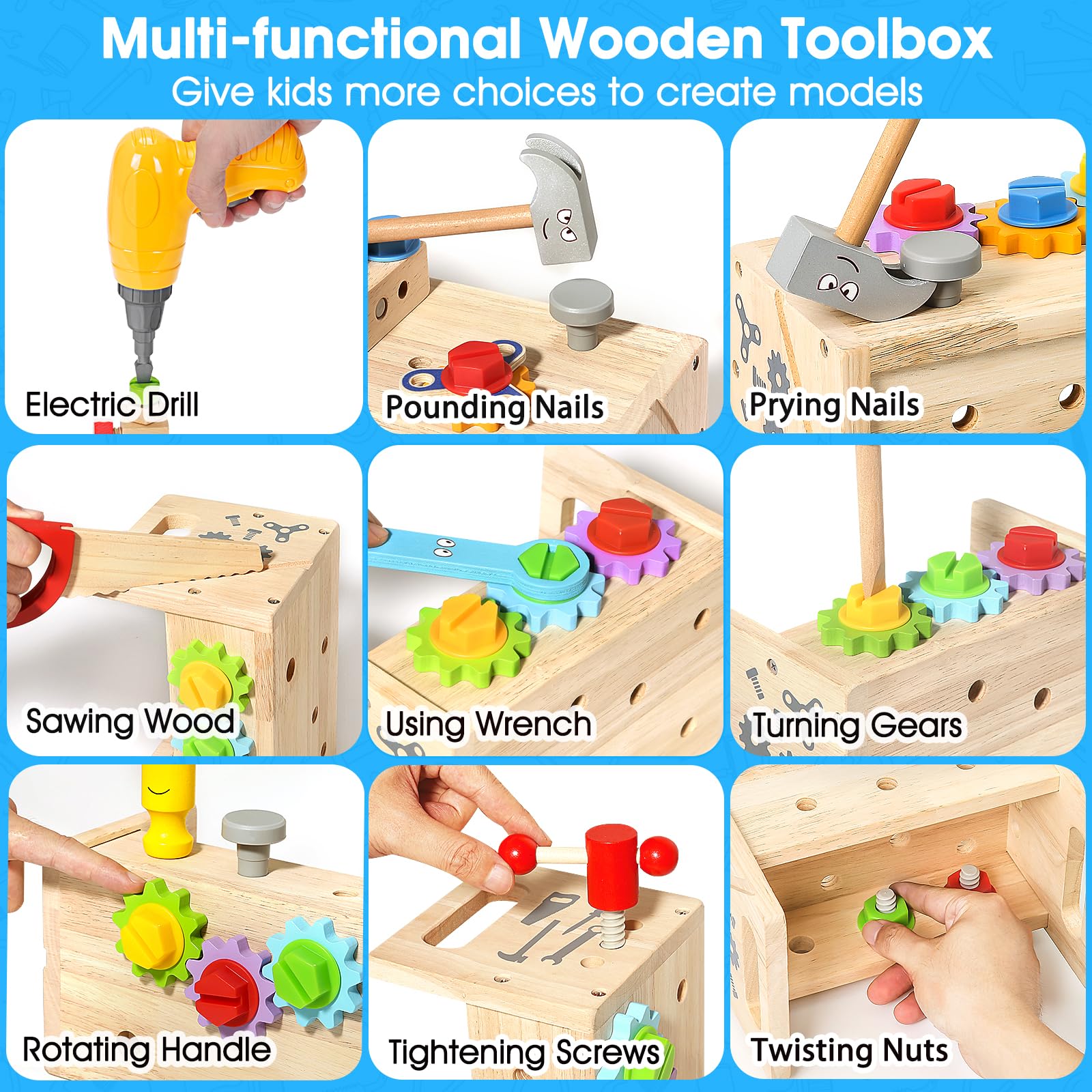 BAODLON colorful tools organized in the wooden toolbox