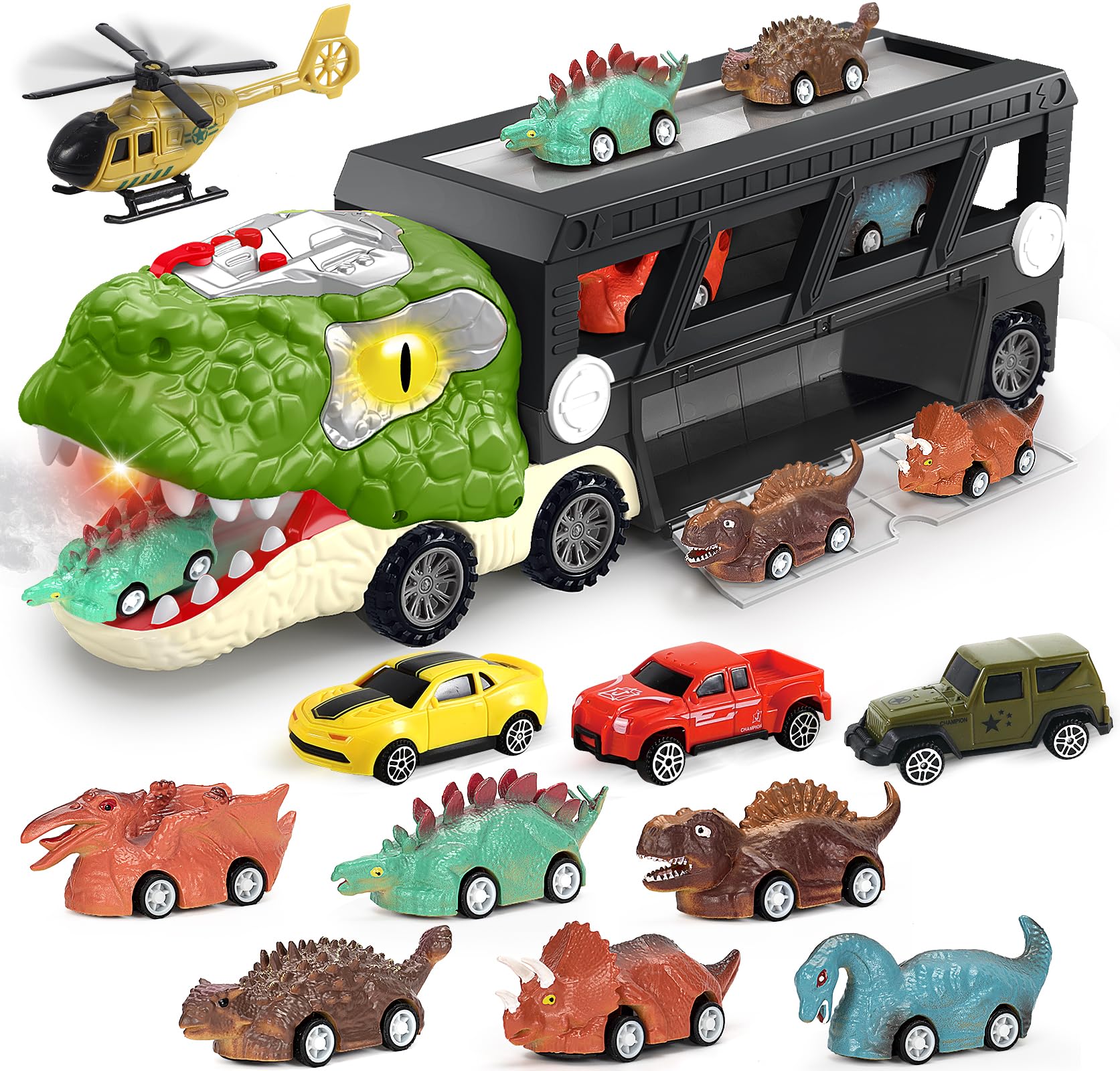 BAODLON dinosaur transport truck with 10 mini cars for imaginative play and organization.