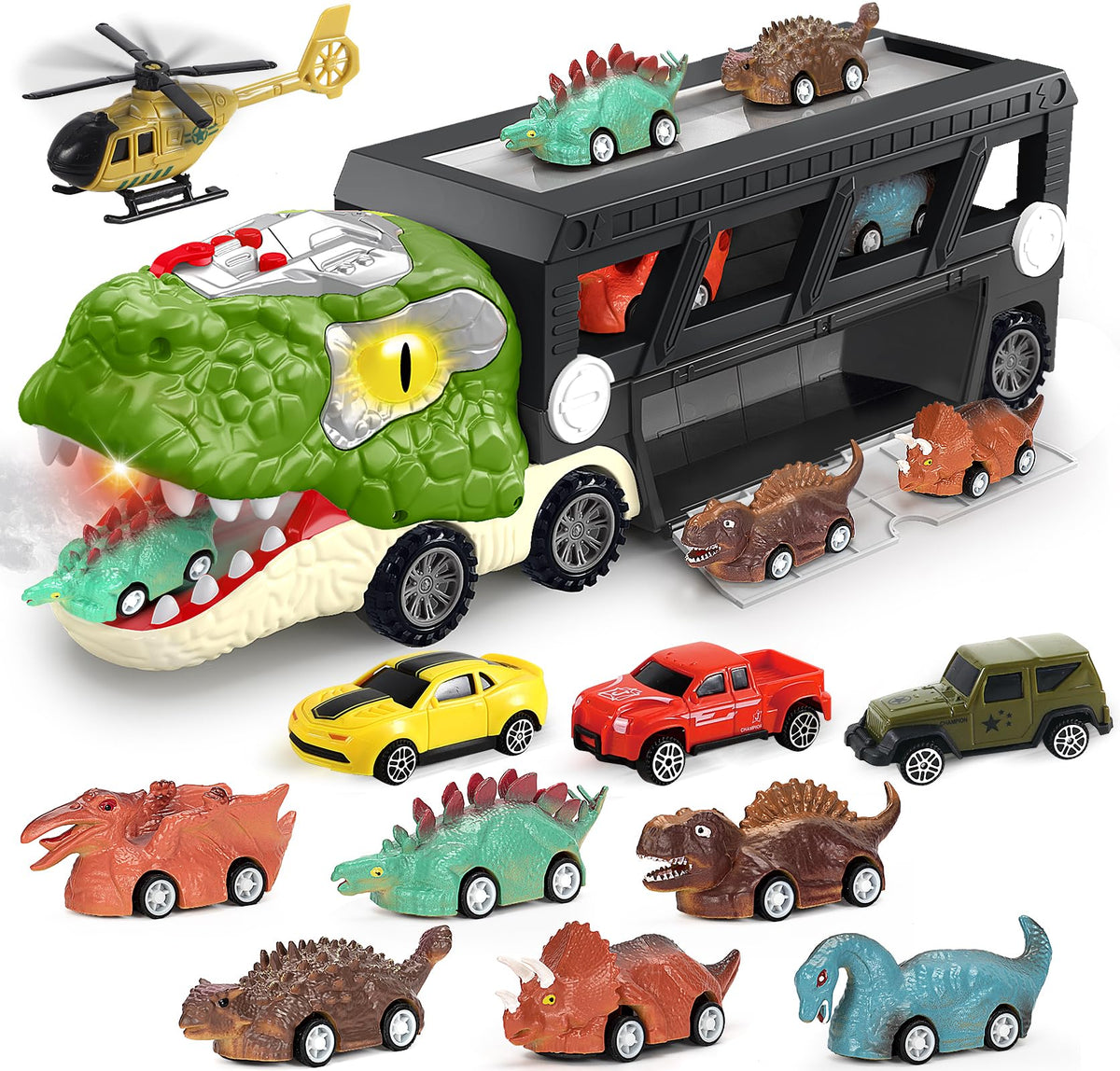 BAODLON dinosaur transport truck with 10 mini cars for imaginative play and organization.