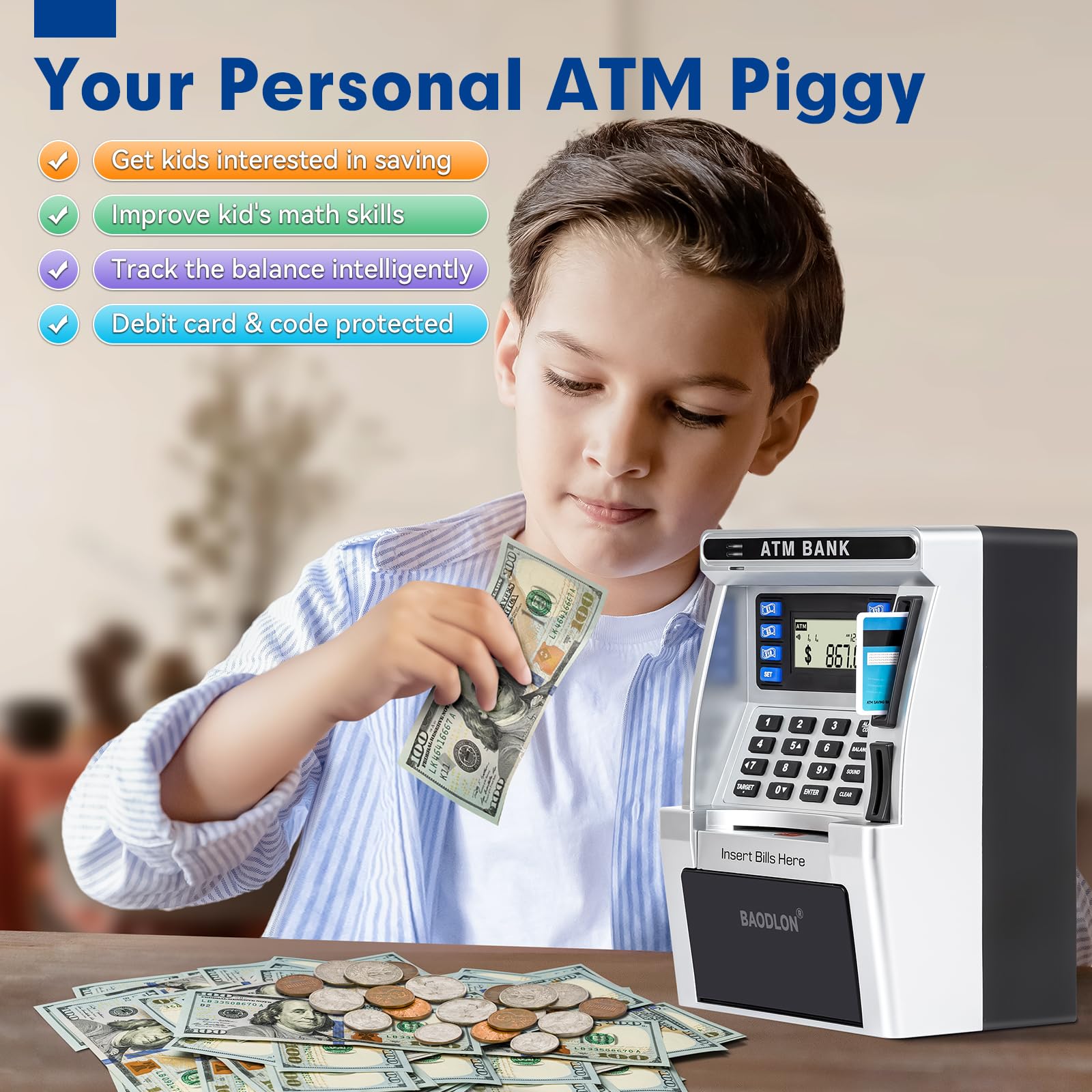 BAODLON electronic savings safe box emphasizes secure, hands-on money management learning.