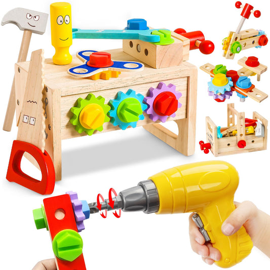 BAODLON kids tool set with electric drill in wooden box for imaginative play