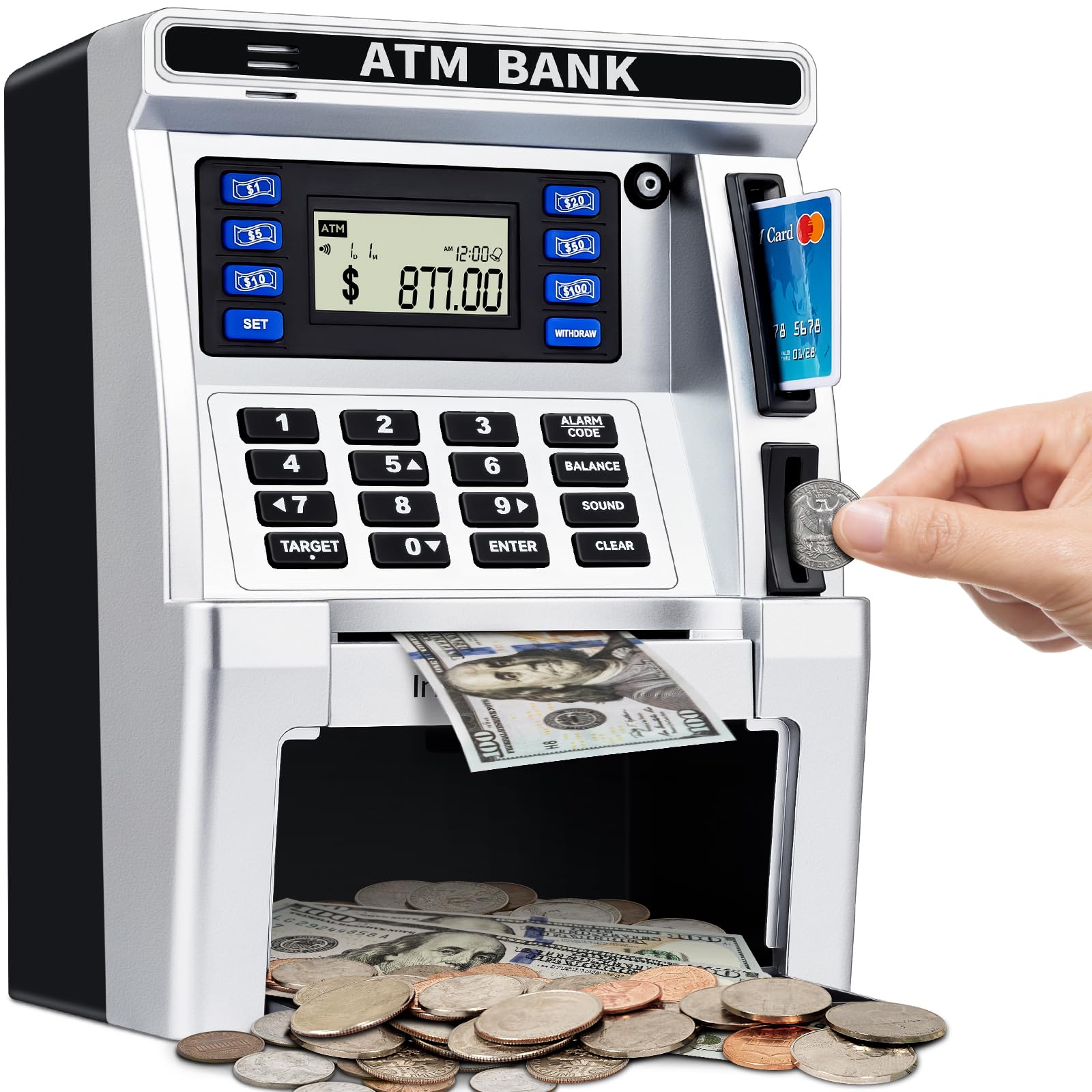 BAODLON piggy bank kids ATM with real money for deposits and visible balance.