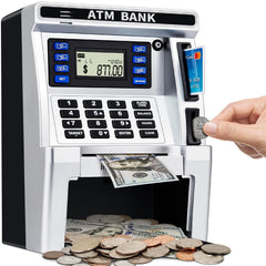 BAODLON piggy bank kids ATM with real money for deposits and visible balance.