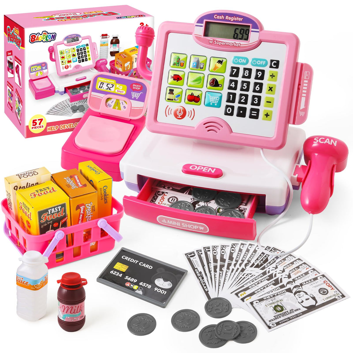 BAODLON pink cash register with microphone for interactive pretend play and math practice