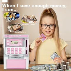 BAODLON pink piggy bank three AA battery compartment powers features.
