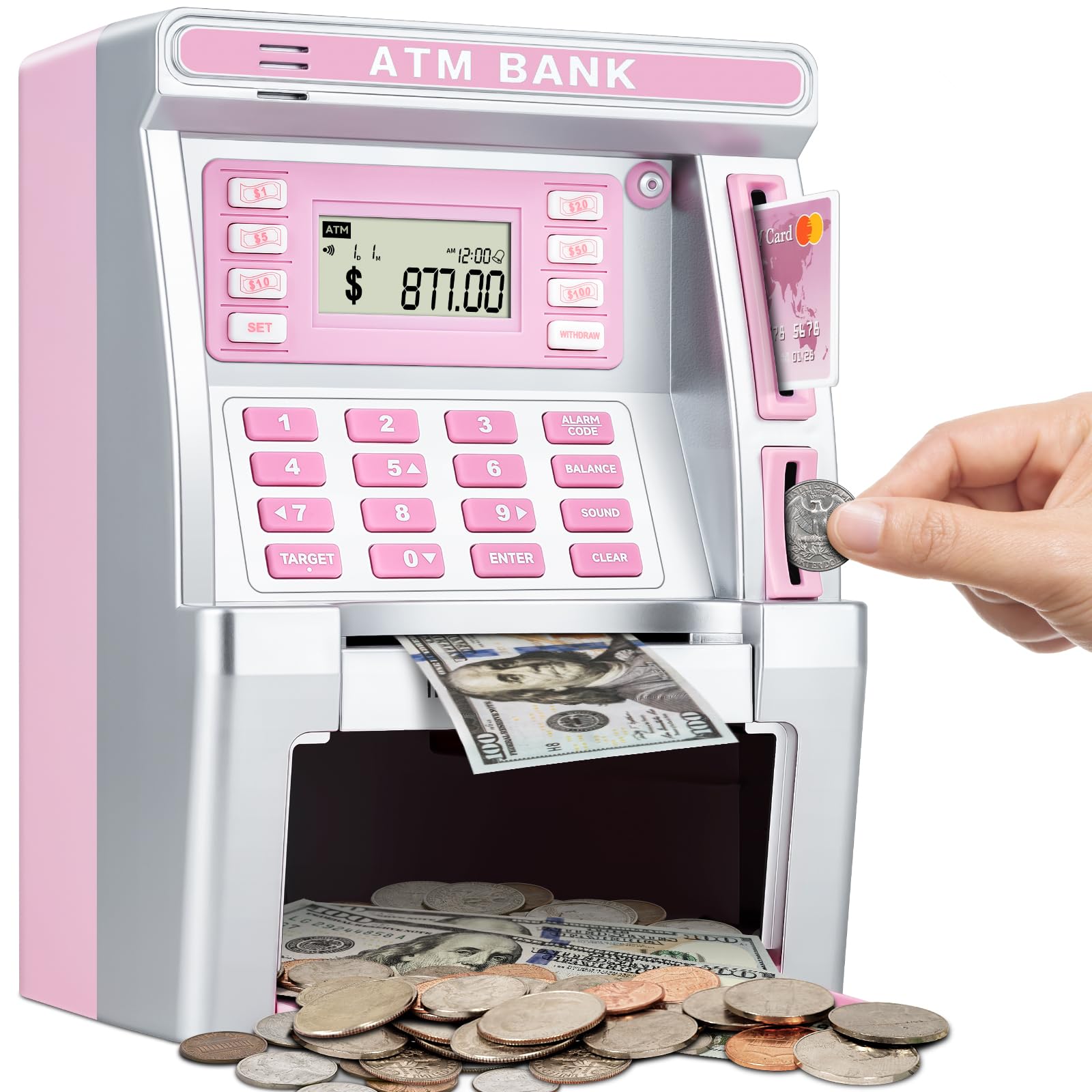 BAODLON pink piggy bank with debit card area for secure deposits.