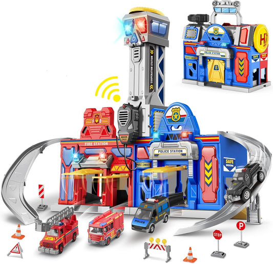Baodlon police-fire station transform track for imaginative rescue play