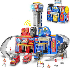 Baodlon police-fire station transform track for imaginative rescue play