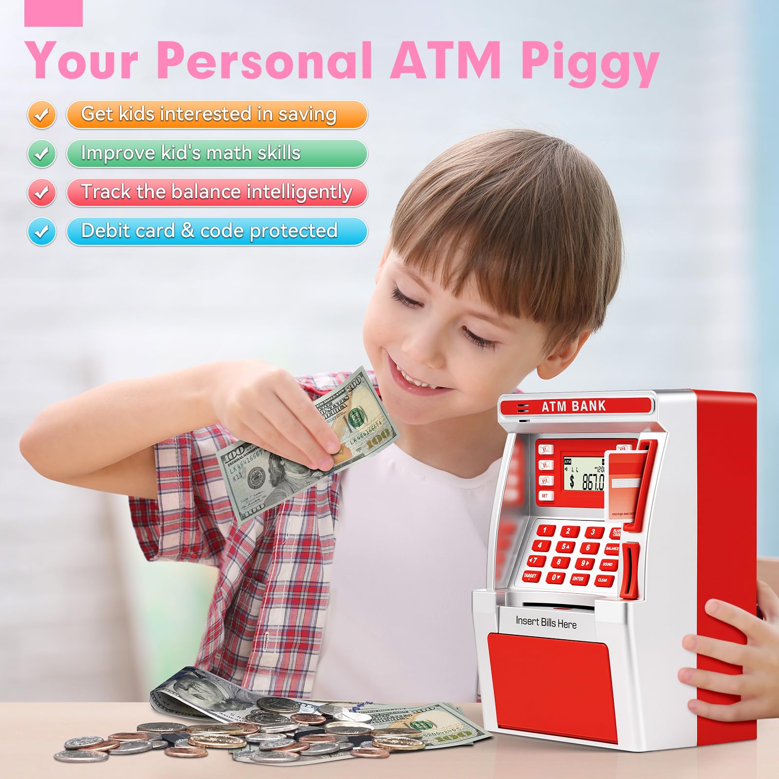BAODLON red piggy bank features an LCD display for balance.