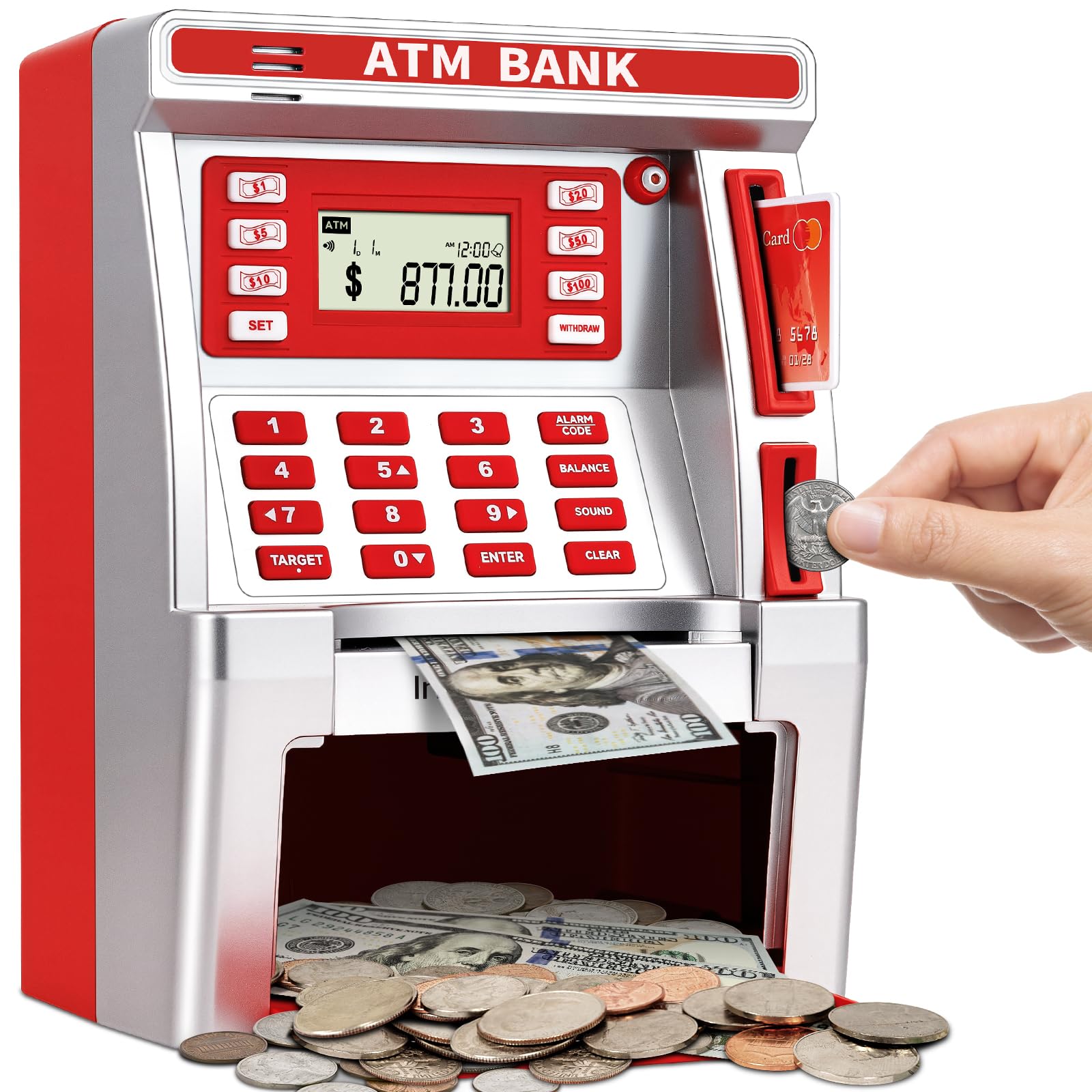 BAODLON red piggy bank with debit card shows live balance for kids.