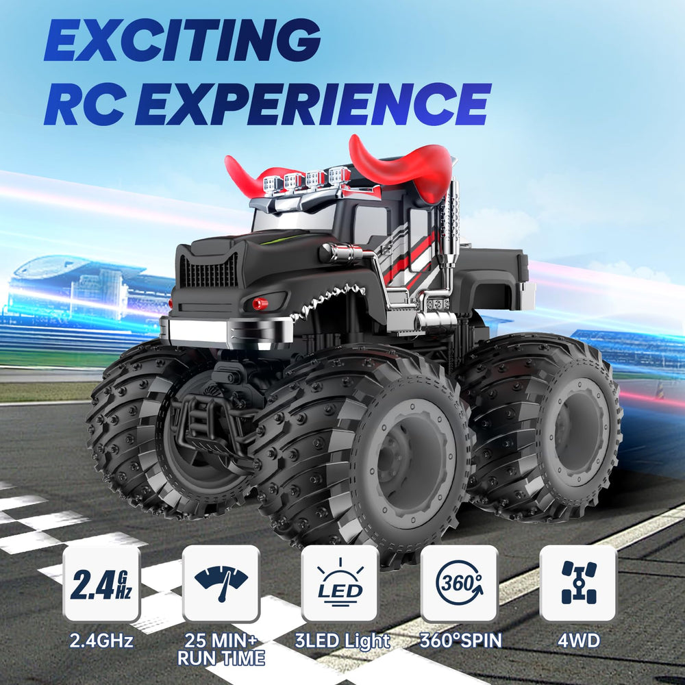 BAODLON remote-control bull monster truck side view highlighting sturdy tires for varied terrain.