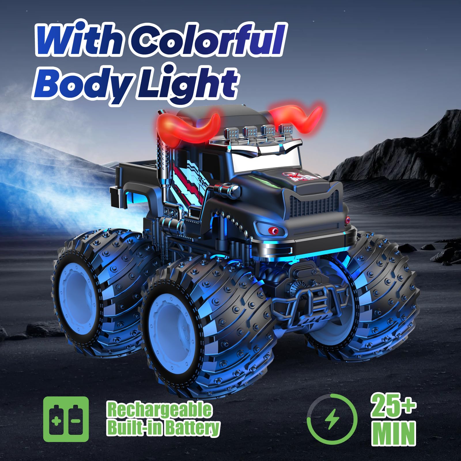 BAODLON remote-control bull monster truck spray and LED lights for night play.