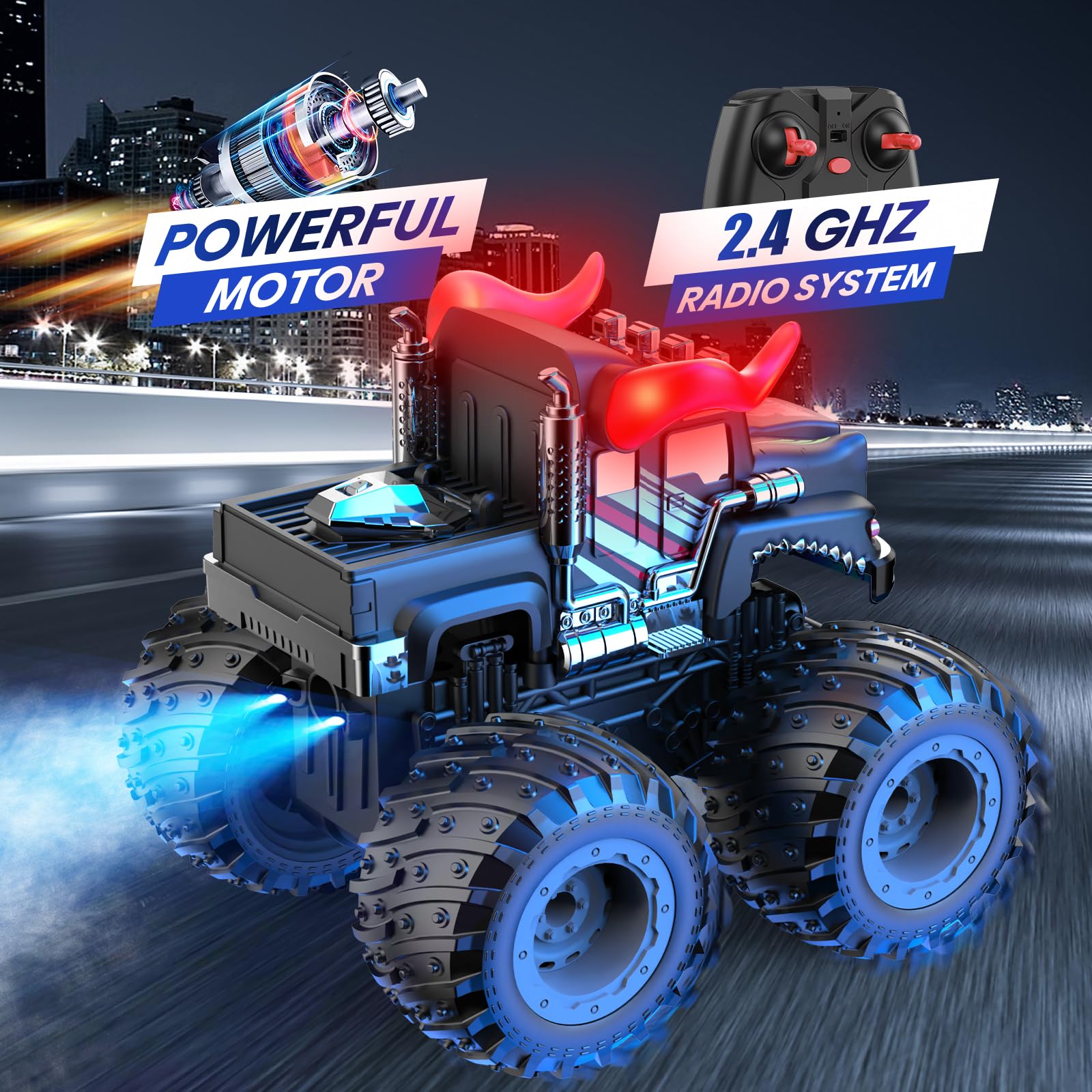 BAODLON remote-control bull monster truck stunt action with 360° rotation.