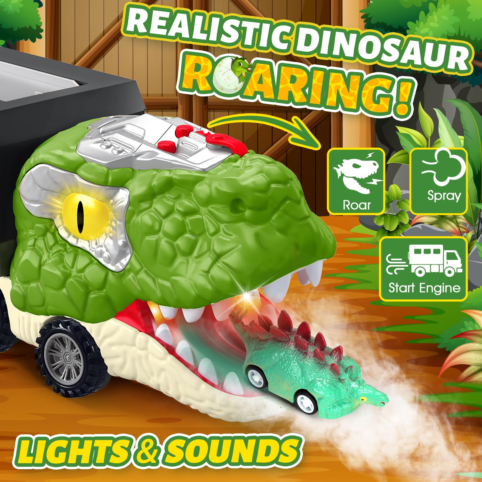 BAODLON T-Rex dinosaur truck with lights and spray for storytelling adventures.
