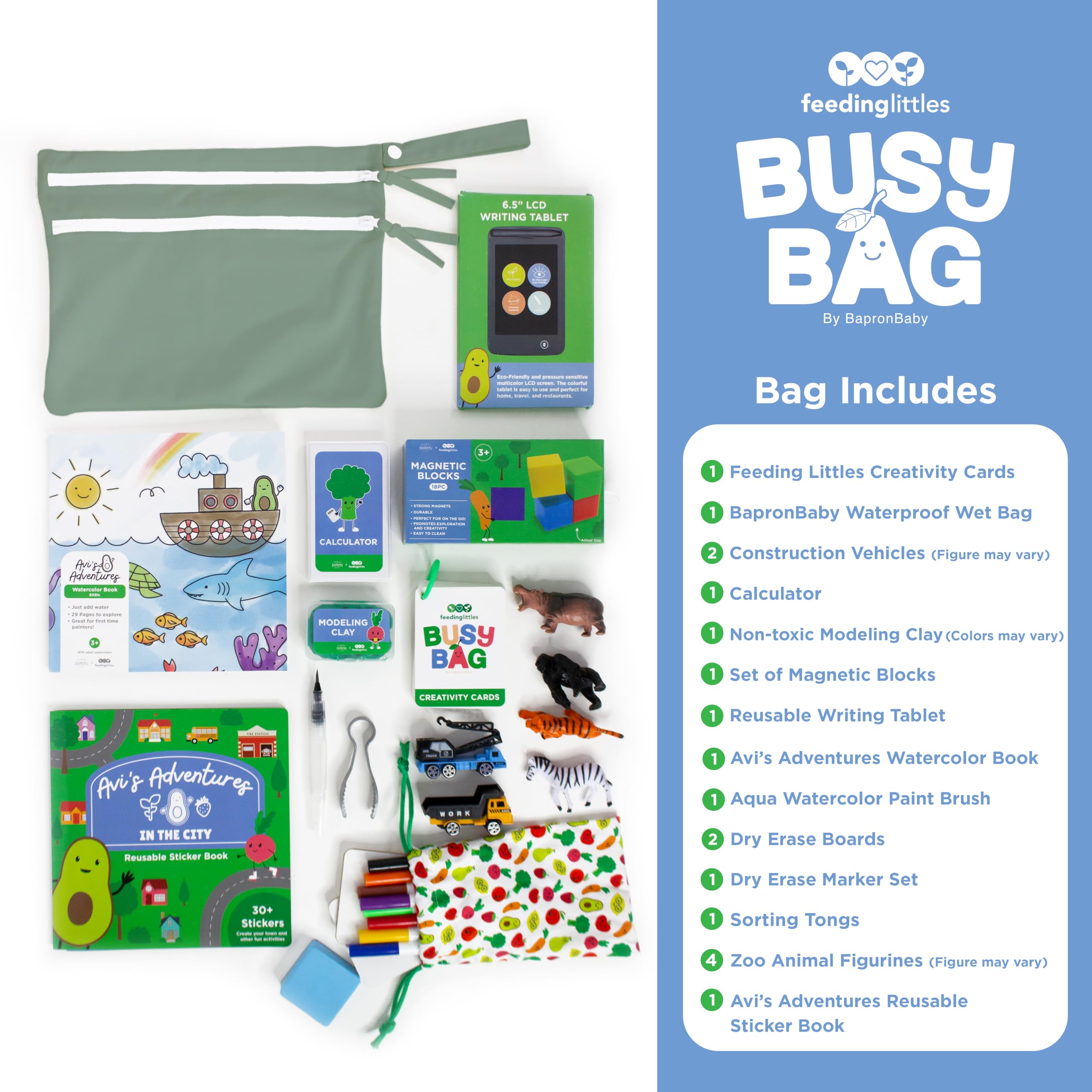 BapronBaby Busy Bag contents with magnetic blocks for quiet play during travel