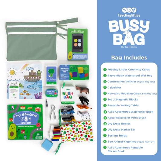 BapronBaby Busy Bag contents with magnetic blocks for quiet play during travel
