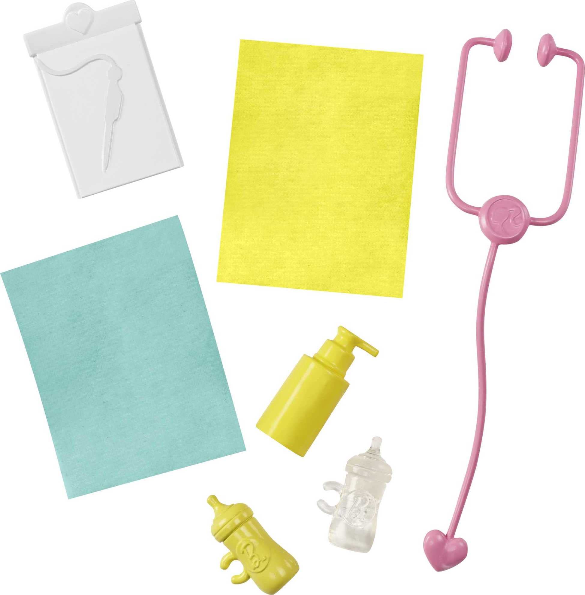 Barbie Baby Doctor chart and lotion support pretend medical notes.