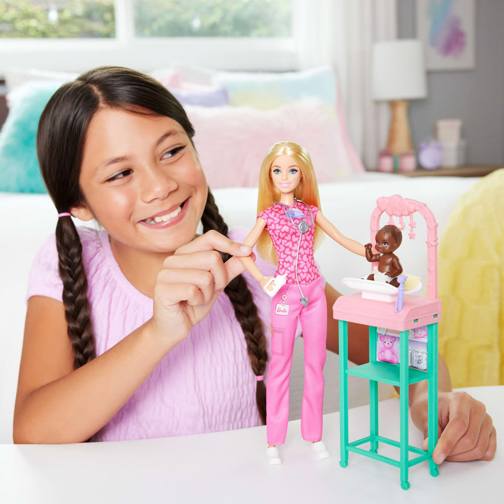 Barbie and baby patient doll enable nurturing, caretaker storytelling.