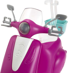 Blue back basket on Barbie scooter for pretend storage during play.