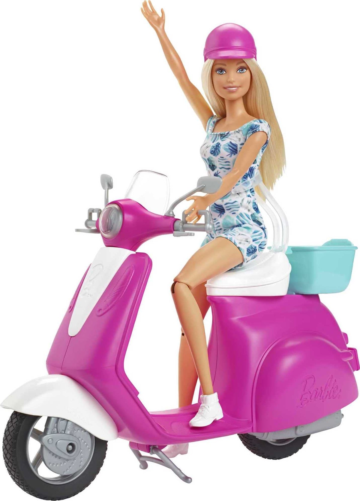 Barbie on multicolor pink scooter with working wheels for on-the-go pretend play.