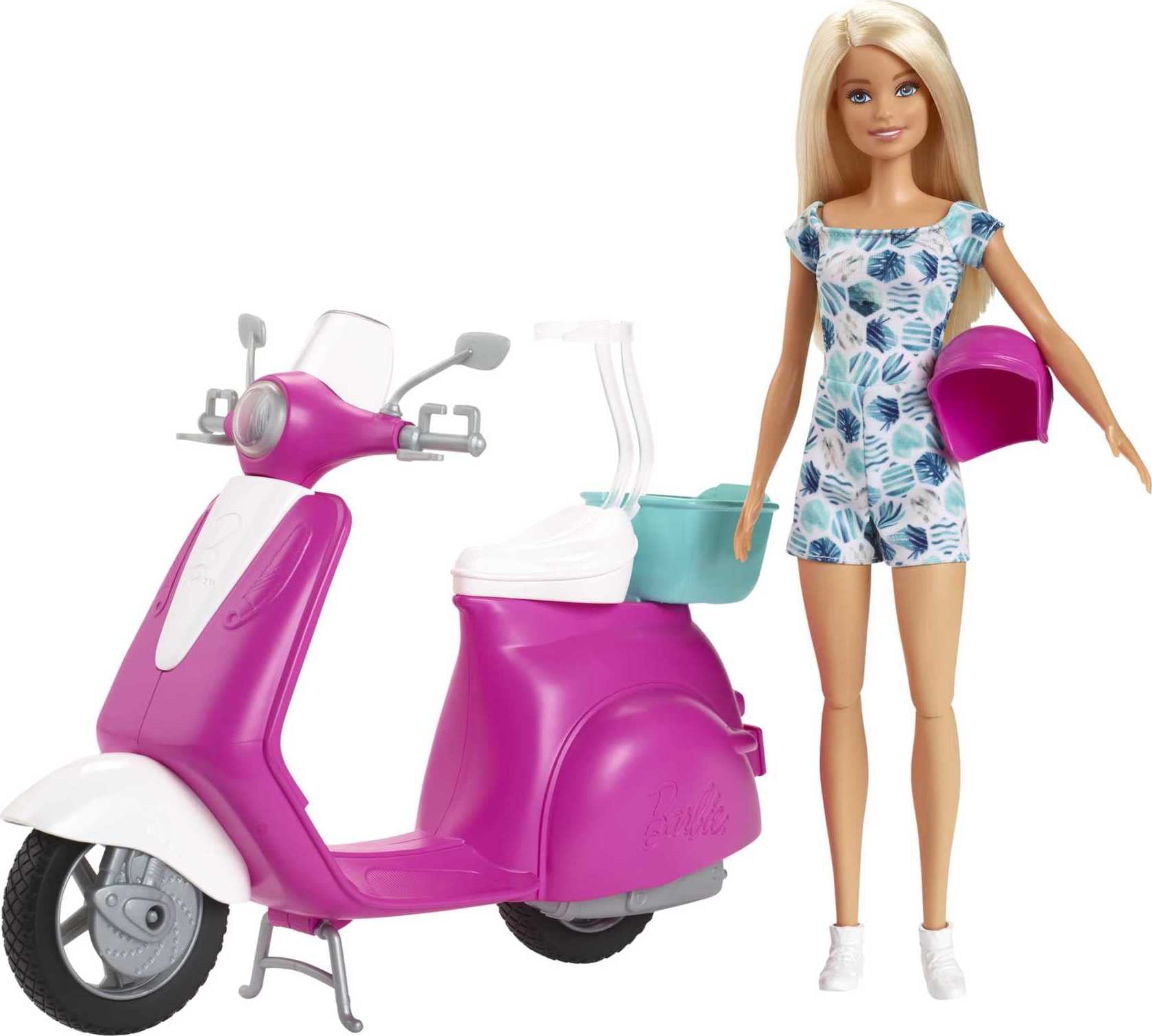 Barbie scooter with kickstand keeping the ride upright during play.