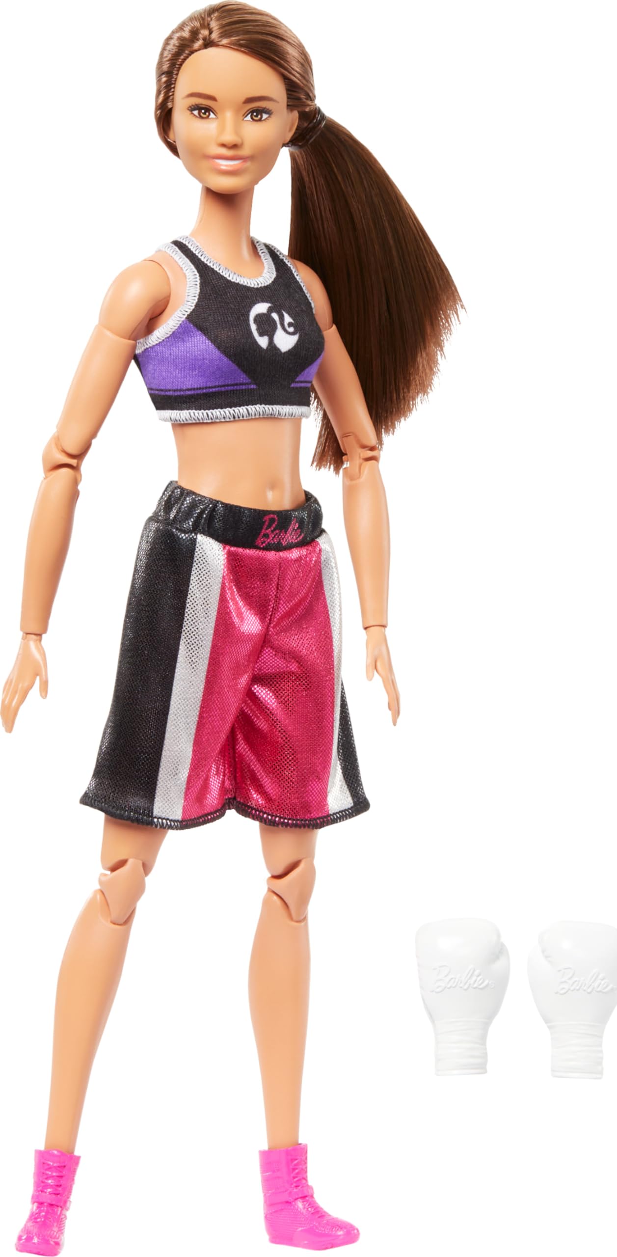 Barbie doll in boxing outfit promotes active imagination and sports-themed playtime.