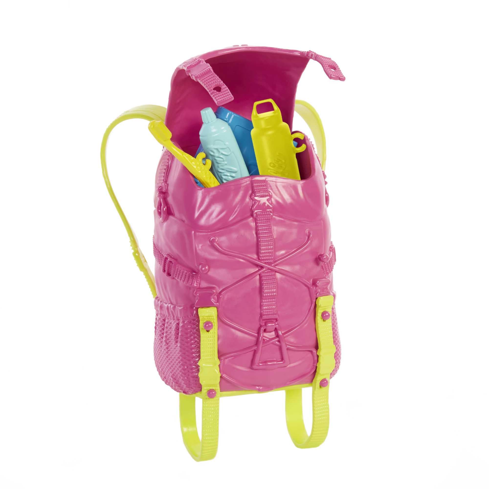 Barbie Brooklyn camping backpack opens to store gear