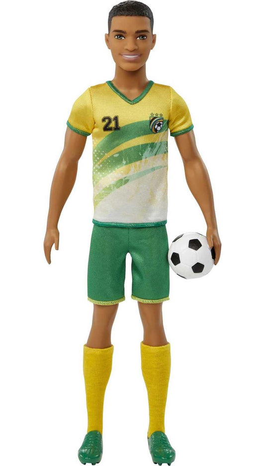 Barbie Careers Ken Soccer Doll, yellow shirt with green stripe, ideal for imaginative play