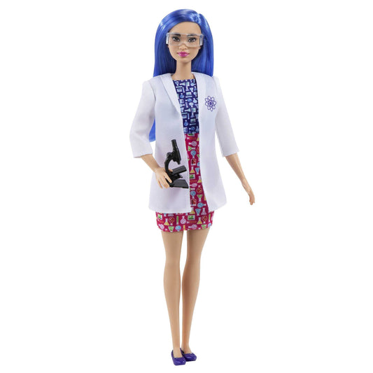 Barbie Careers Scientist doll with blue hair and lab coat inspires science play.