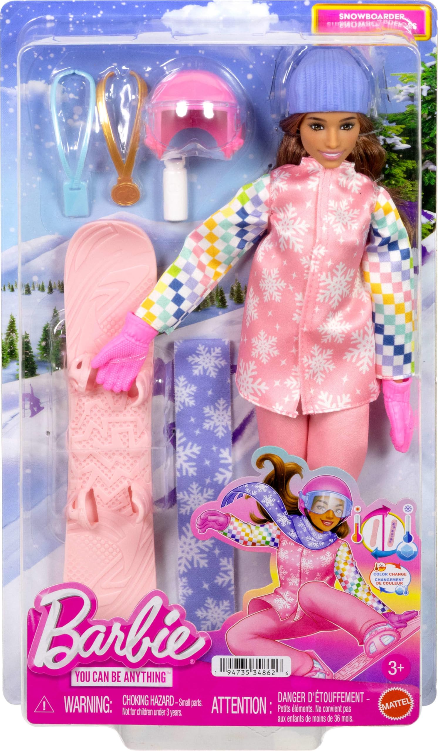 Barbie Careers snowboarder accessory box shows 10+ themed pieces.