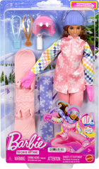 Barbie Careers snowboarder accessory box shows 10+ themed pieces.