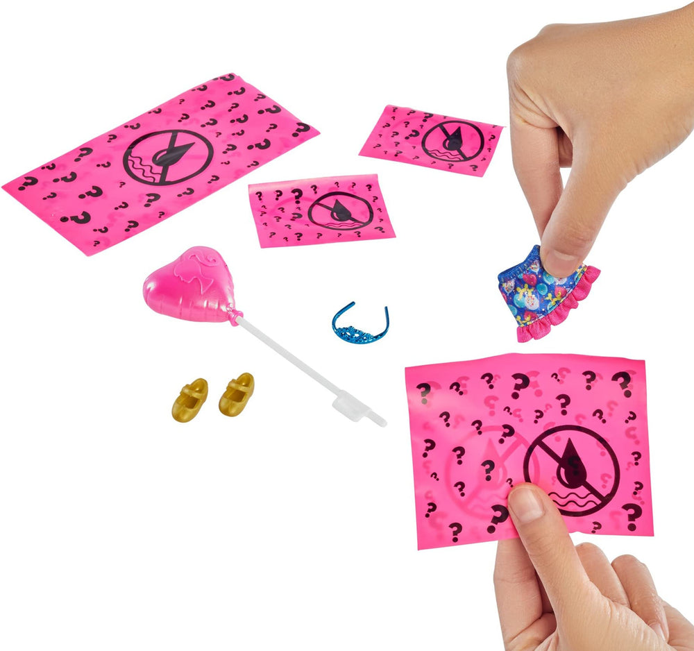 Barbie Chelsea Color Reveal party accessories set with skirt or pants, shoes, crown, balloon