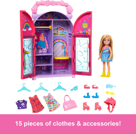 Barbie Chelsea closet interior features three play areas for dressing.
