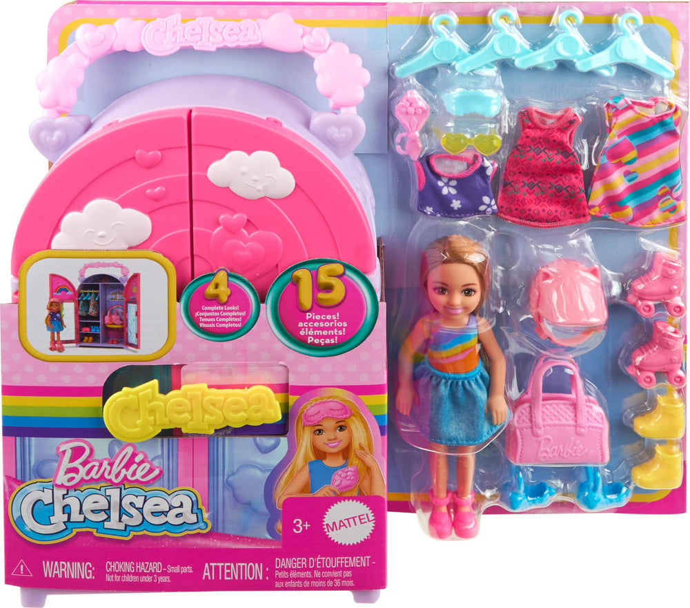 Barbie Chelsea closet folds for easy storage and travel-friendly play.