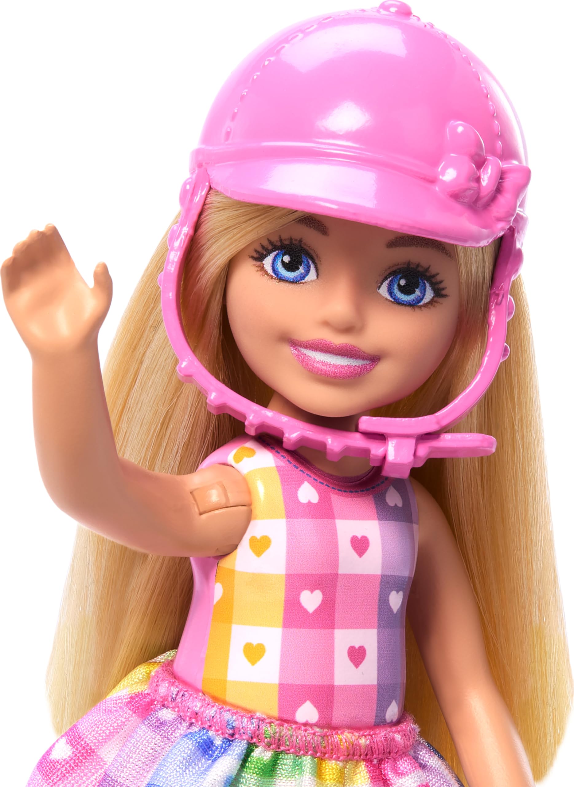 Barbie Chelsea doll kneels to simulate mounting the pony for realistic play.