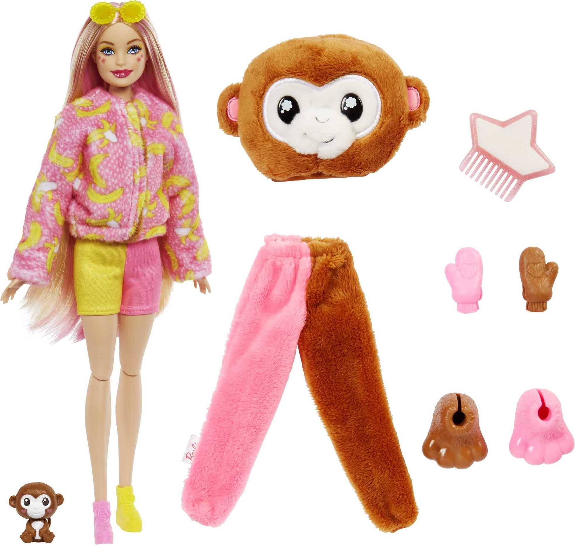 Barbie Cutie Reveal banana-print fleece and pet-bed feature