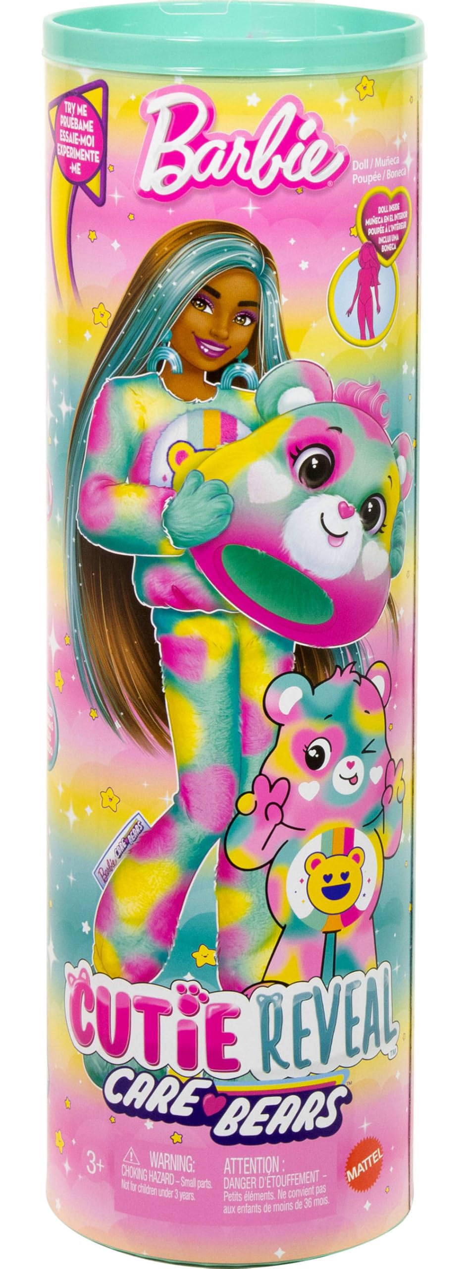 Barbie Cutie Reveal Care Bears color-change face feature revealed with water play.